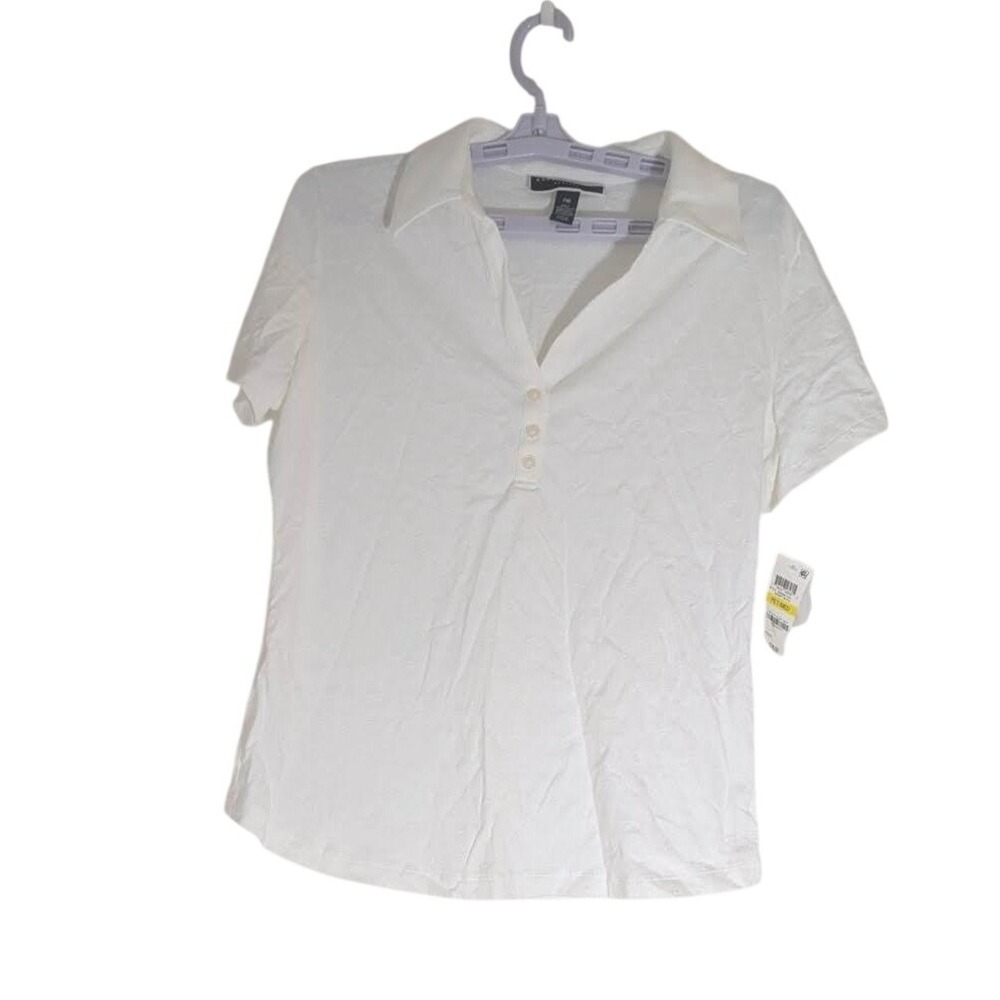 Karen Scott Petites White Floral Embroidered Polo Shirt Short Sleeve PM NEW